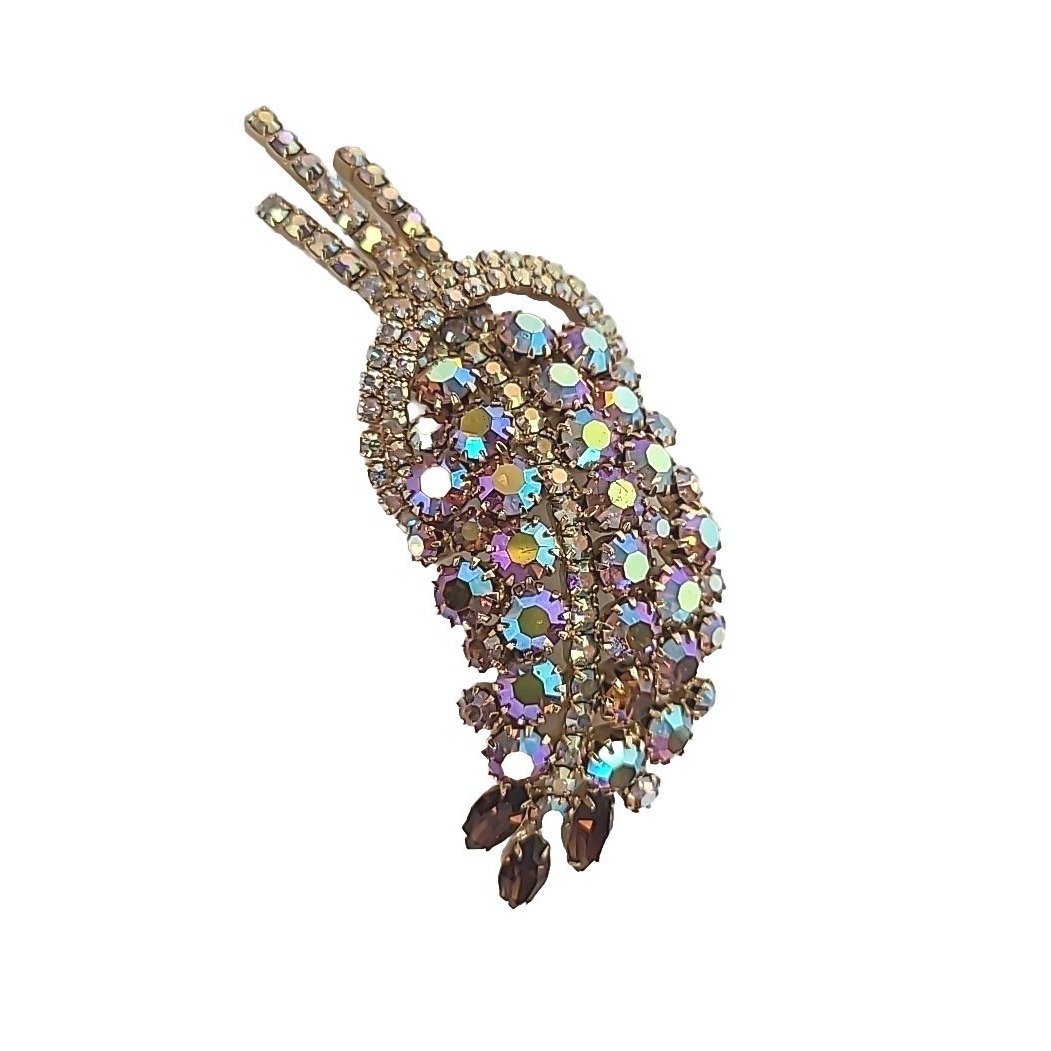 Gorgeous Juliana DE Aurora Borealis Feather Leaf Brooch 60s Vtg Pin 4 Rare 75$